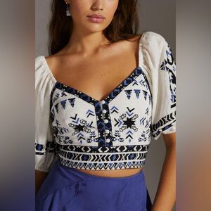 Anthropologie White and Blue Embroidered Blouse Puff-Sleeve Deco Blouse Size XL